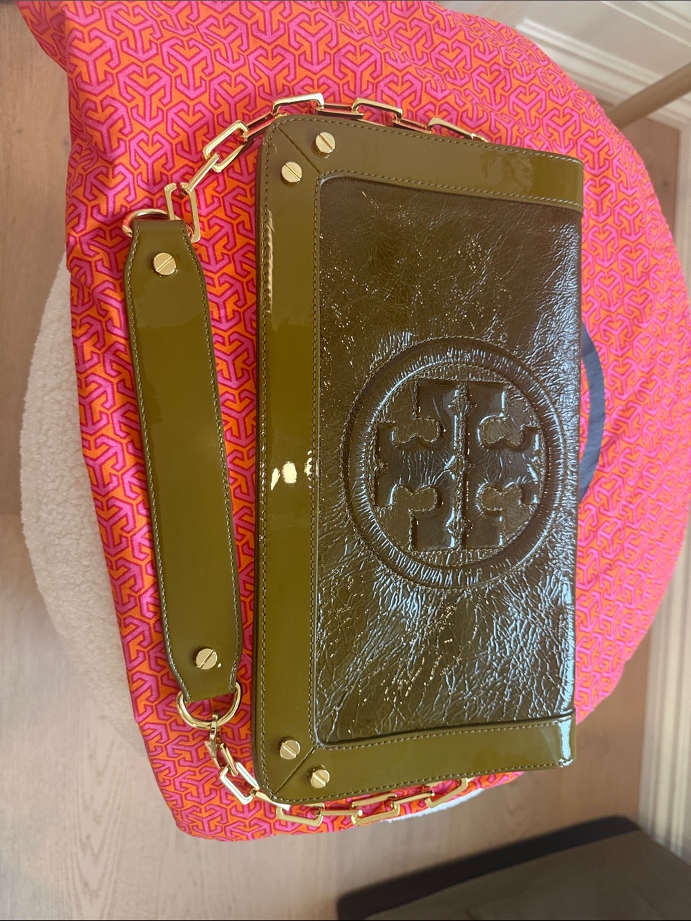 Tory Burch Olive Patent Logo Wristlet Clutch with Gold Hardware